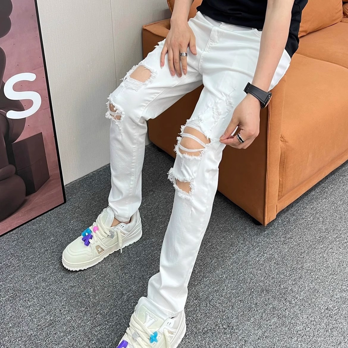 夏季薄款高街破洞牛仔裤男裤修身