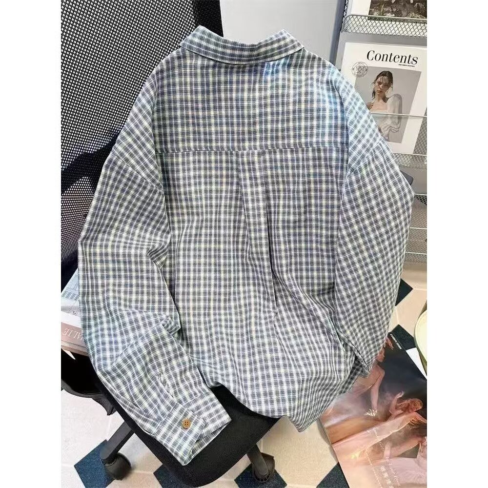 日系复古蓝色格子衬衫外套男女春