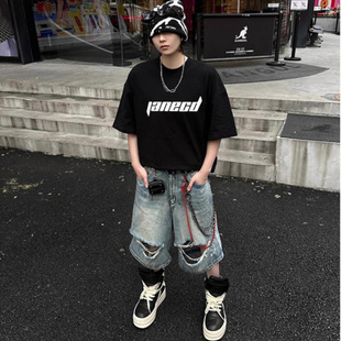 美式hiphop破洞牛仔短裤男夏季痞帅高级感七分裤2025新款乞丐裤子