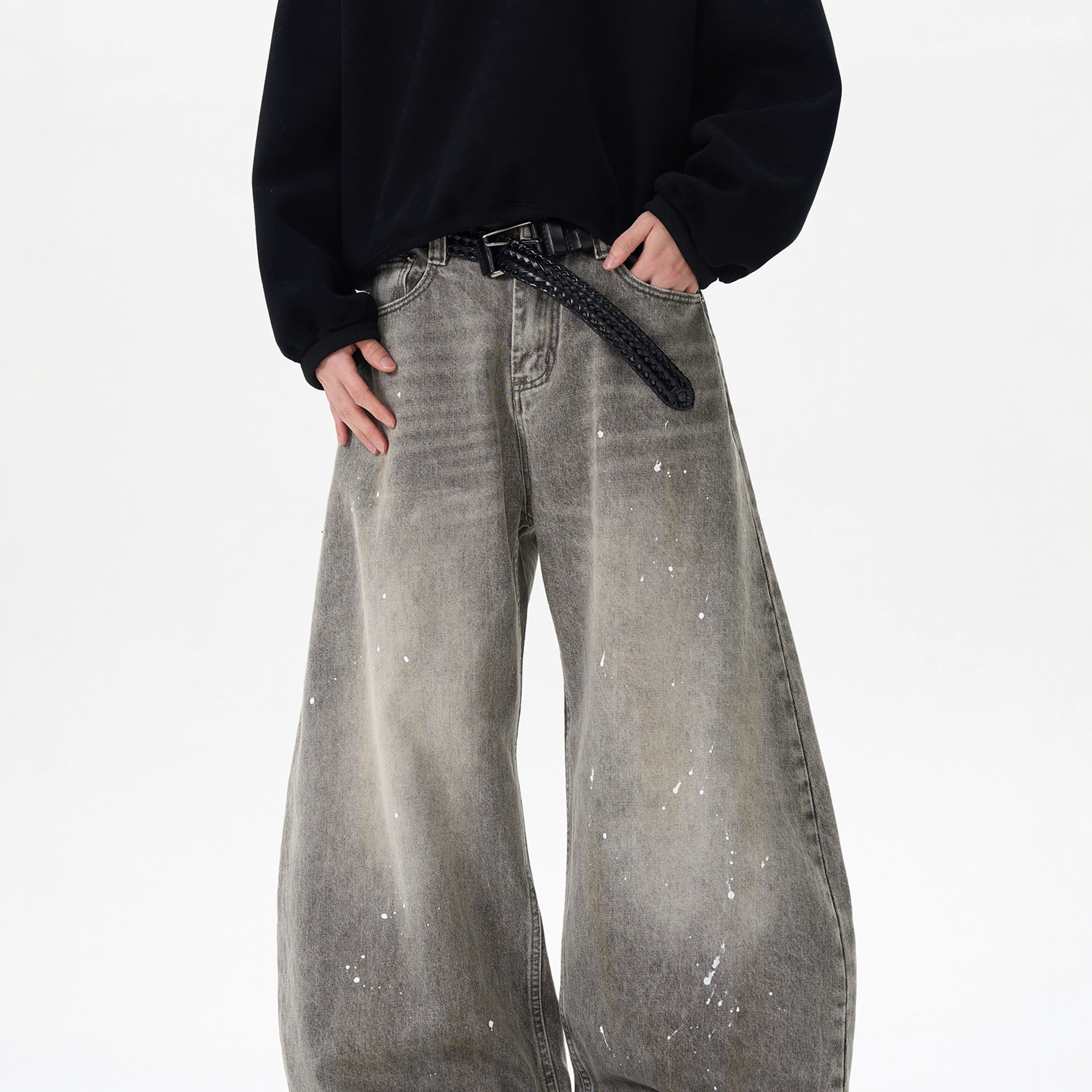 复古水洗做旧泼墨牛仔裤男女潮牌