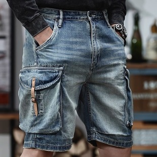 硬汉工装皮革装饰口袋水洗宽松牛仔五分裤夏季休闲青年男潮短中裤