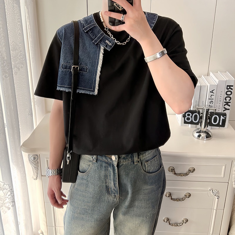 美式牛仔拼接假两件短袖设计感