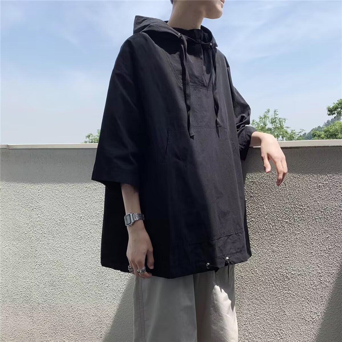 美式机能风冲锋短袖卫衣男款设计感口袋工装连帽T恤纯棉5分袖夏