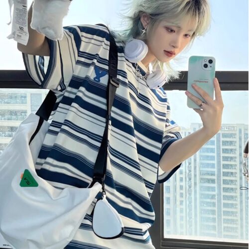 日系cityboy蓝白条纹短袖男款夏