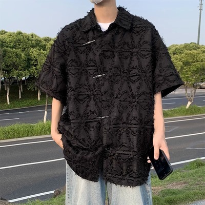国潮风新中式毛边肌理感短袖衬衫