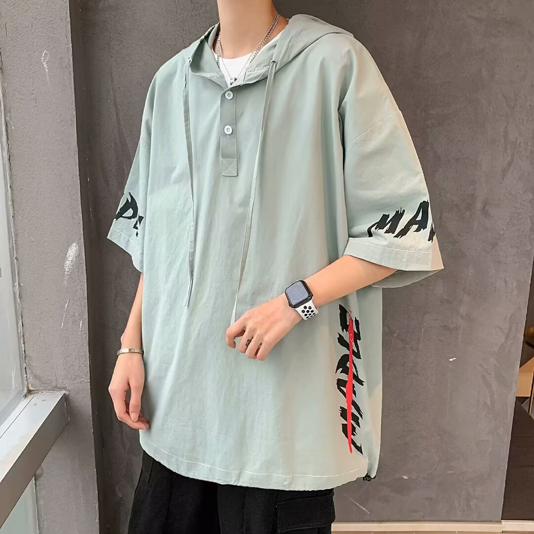 绿色连帽防晒短袖T恤男oversize