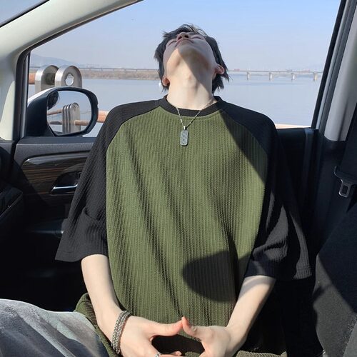 肌理感撞色短袖T恤男士冰丝薄夏