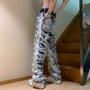 欧美高街风复古做旧破坏割烂牛仔裤男女潮牌乞丐弹力修身直筒裤