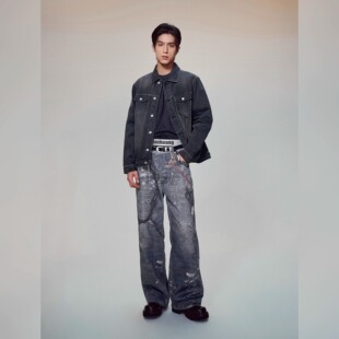 裤链剪刀3D印花蓝牛 美式复古cleanfit直筒脏喷做旧扎染牛仔裤潮