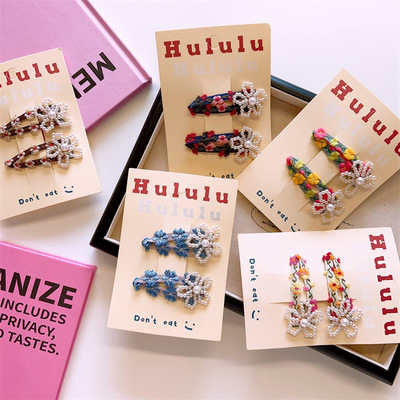 新款ins儿童春布艺刺绣花边BB夹女童手工钩织花朵发夹侧边夹发卡