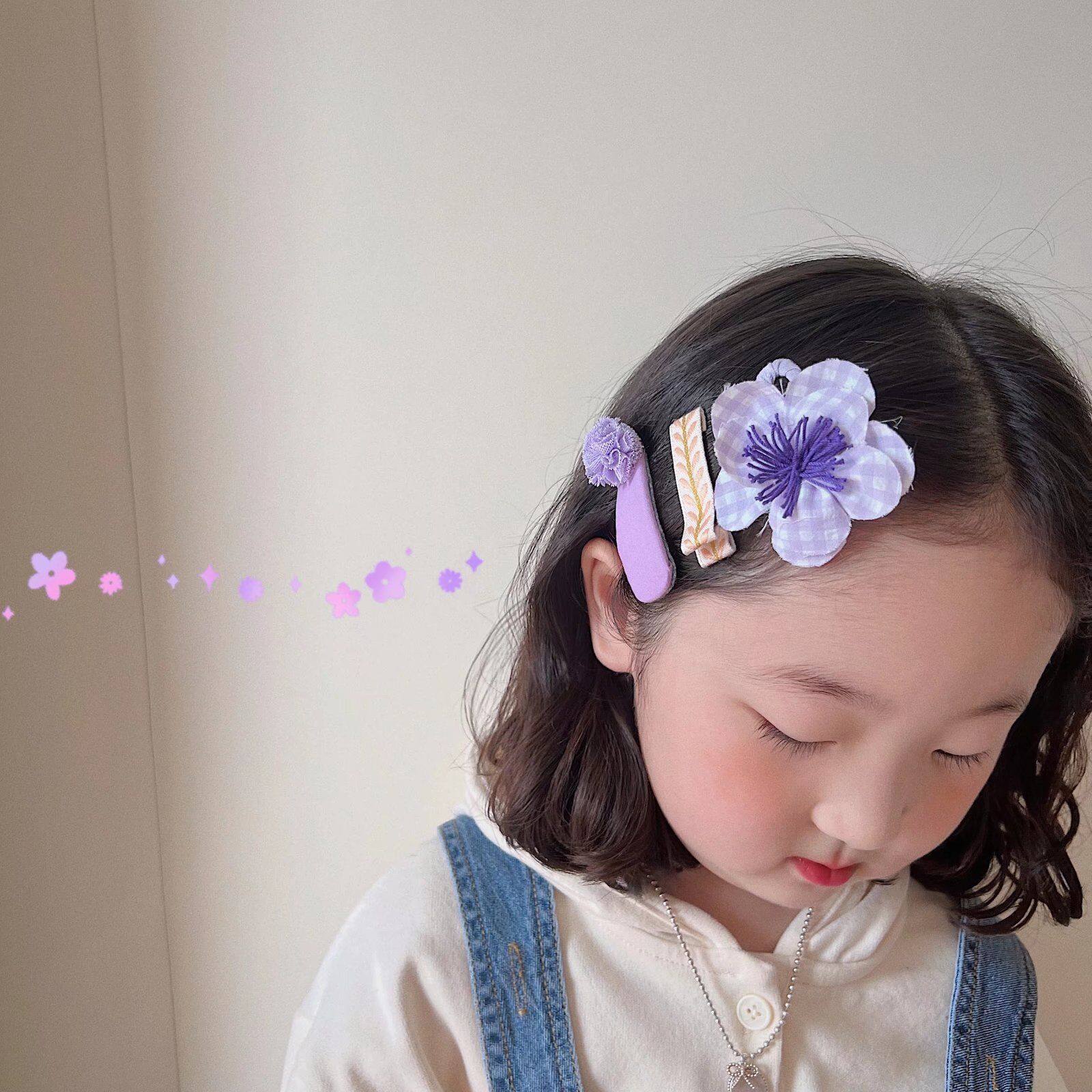 春季新款格纹花朵纱球儿童发夹三件套宝宝发卡边夹刘海夹发饰头饰