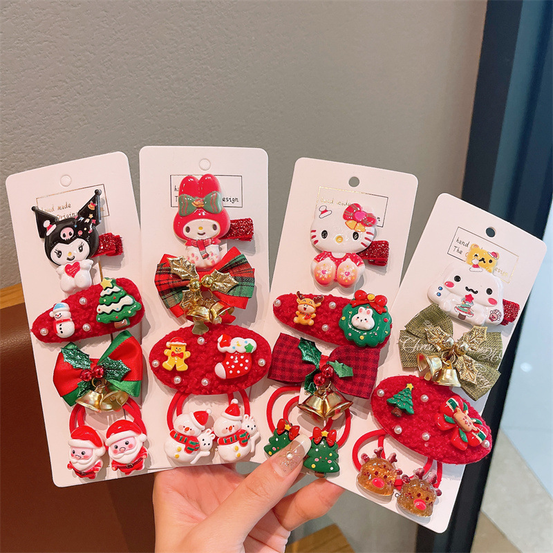 儿童圣诞节卡通人物发夹女童圣诞袜子圣诞老人手套毛绒夹套装发卡