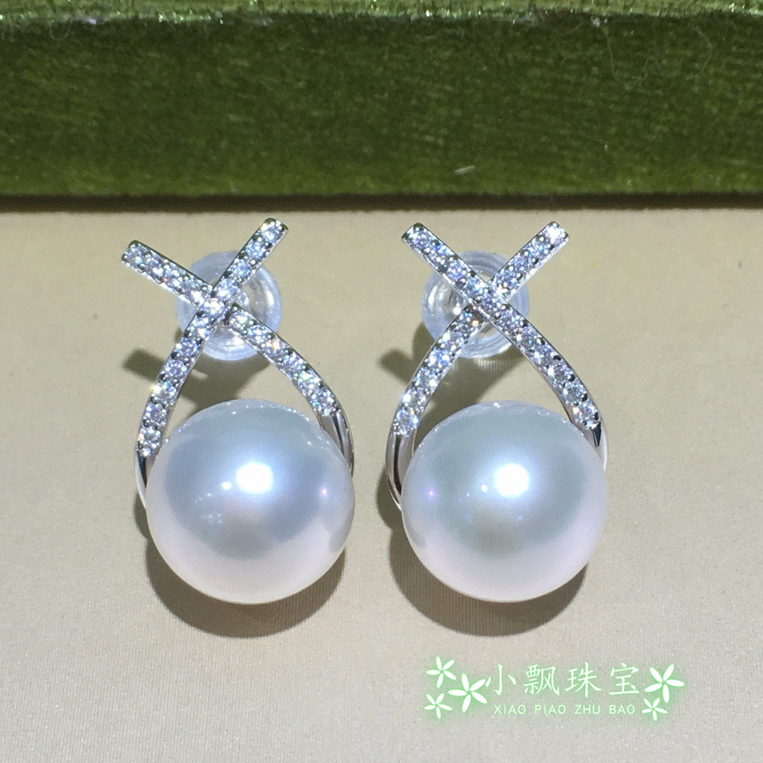 纯银交叉时尚耳钉 天然珍珠耳环 10-11mm