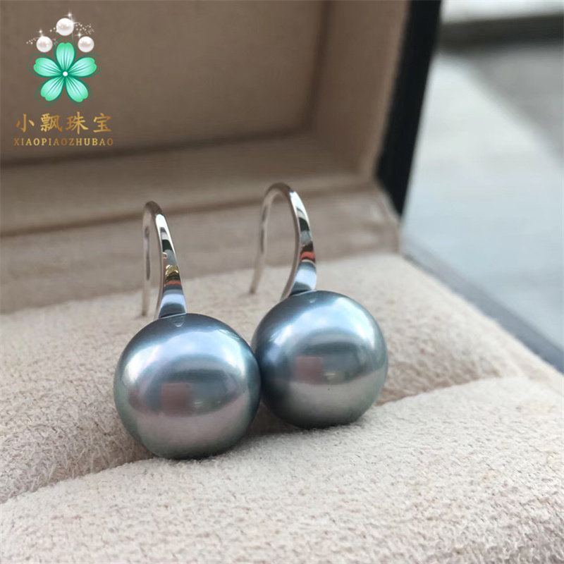 18K金加厚高跟鞋耳钩 大溪地天然海水珍珠耳环气质铂金灰勺子耳环