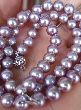 艳丽天然紫色珍珠项链 近圆光泽