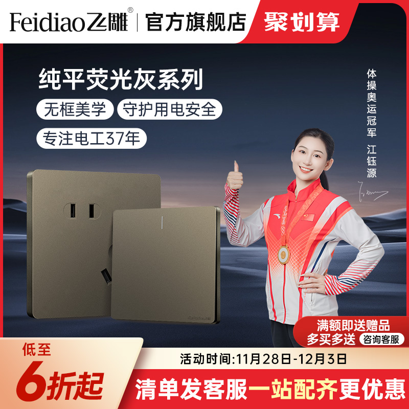 飞雕荧光灰一开单控五孔开关插座