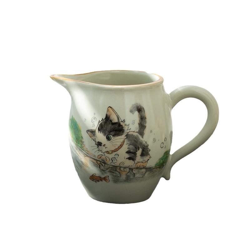 汝窑萌猫三才盖碗高档单个茶杯带