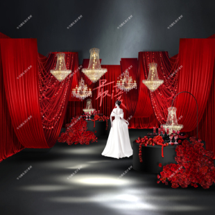 红色弧度布幔婚礼通道效果图黑红色圆桌甜品台线帘亮片婚礼素材