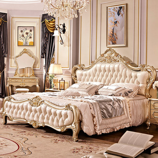 欧式 床奢华实木雕花2米别墅主卧室公主床香槟金婚床真皮床双人床