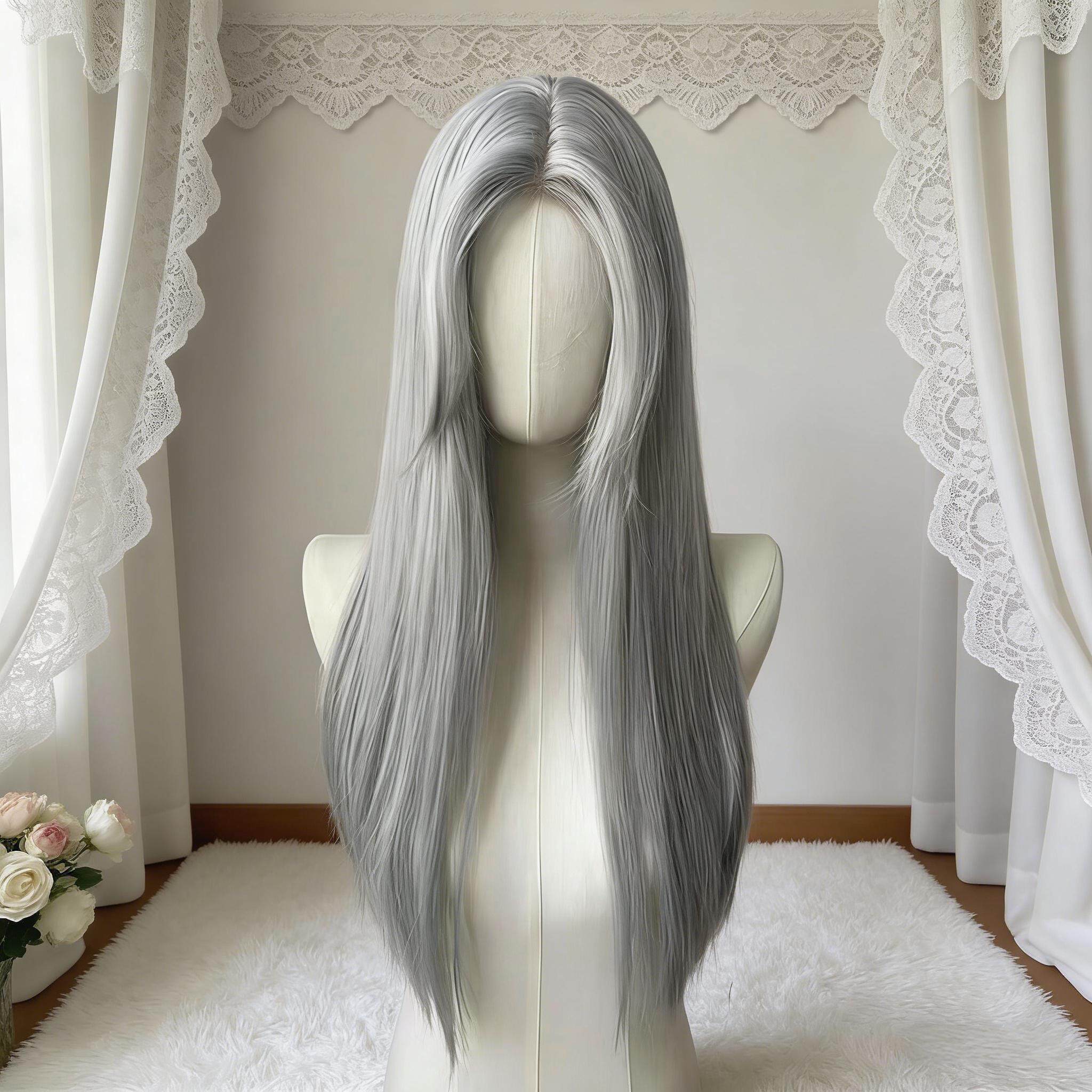 假发女银灰色长直发中分八字刘海蓬松整顶新款长款时尚个性全头套