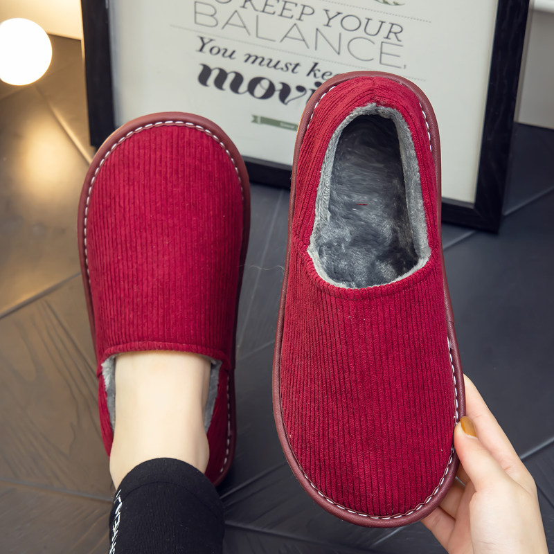 灯芯绒棉拖鞋包跟居家冬季男女情侣室内家用保暖防滑布棉鞋带后跟