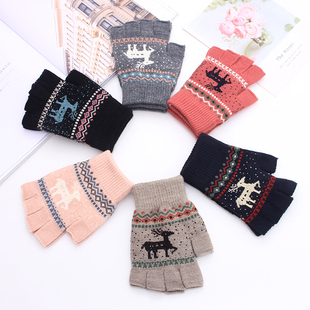 冬季手套男款半指女学生可爱露指保暖防寒毛线针织半截漏指成人款