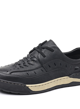 男凉鞋透气孔洞洞鞋夏季镂空休闲鞋系带皮面户外徒步防滑越野手工