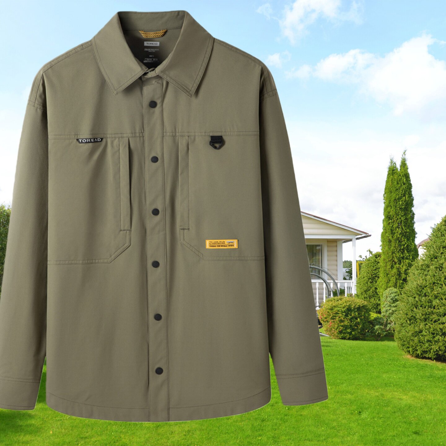 探路者军绿色长袖衬衫男春秋户外旅游速干衣休闲宽松衬衫外套上衣