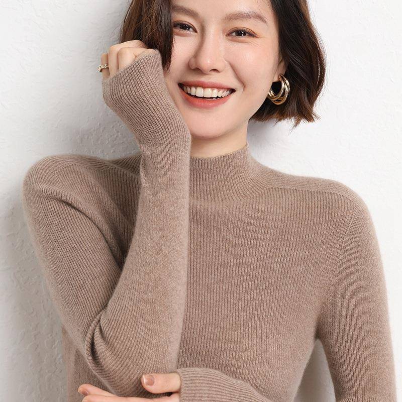 清河县纳强羊绒制品厂秋冬季新款半高领羊毛衫女套头毛衣抽条打底