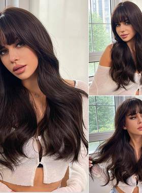 义乌市蓝岸假发有限公司Long Brown Wigs with Bangs Wave Synthe