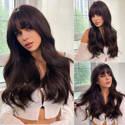 义乌市蓝岸假发有限公司Long Brown Wigs with Bangs Wave Synthe