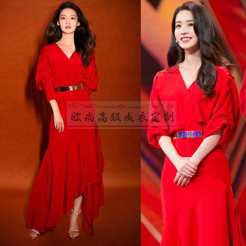 高端定制李沁同款红色v领修身荷叶边连衣裙女长款优雅端庄大方春