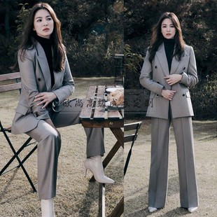高级定制宋慧乔同款灰色双排扣阔腿裤西装套装修身通勤干练OL秋冬