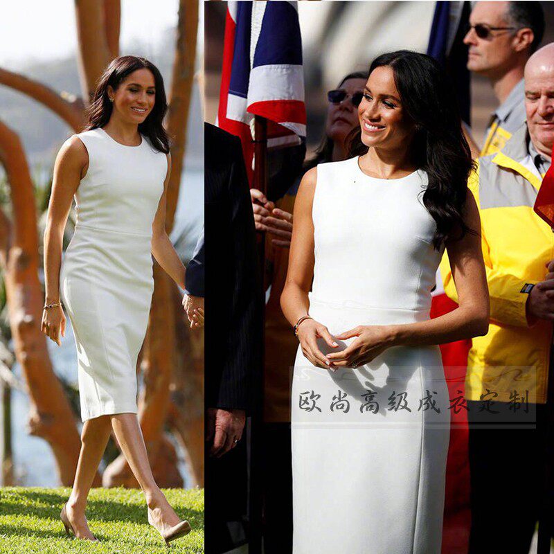 高级成衣定制梅根王妃白色无袖圆领背心连衣裙女修身包臀中款过膝