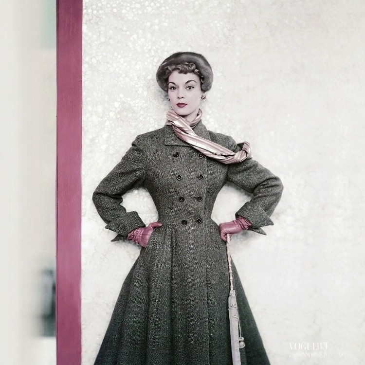 高级定制欧美复古灰色人字纹羊毛大衣冬修身显瘦大摆外套长款英伦