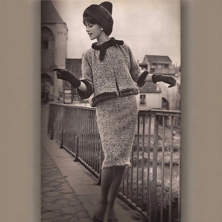 高级定制欧美1950S经典拼接水貂毛条灰色羊毛外套+半裙优雅套装裙