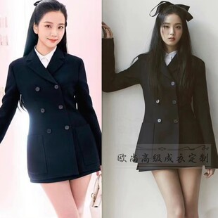 高级定制金智秀同款黑色羊毛西装外套+短半裙时尚套装裙优雅气质