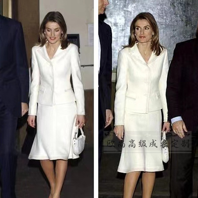 高级定制西班牙王妃同款白色西装外套鱼尾半裙职业商务西服套装冬