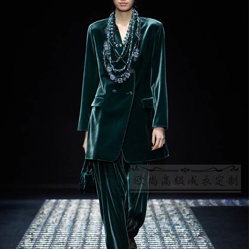 高端定制墨绿色丝绒西装外套女中长款+阔腿裤时尚通勤套装裤秋冬
