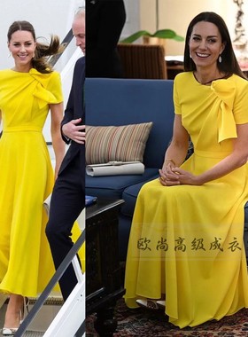 高级定制凯特王妃同款短袖不对称设计黄色连衣裙女修身大摆裙夏OL
