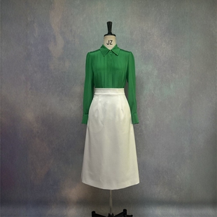 高端定制翠绿色真丝衬衫白色缎面半裙时尚套装裙女春秋通勤OL气质