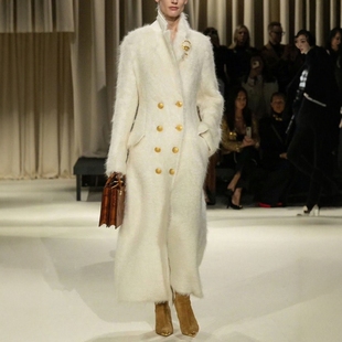 高端定制冬季羊驼毛米白色大衣毛呢外套女及脚踝修身奢华大气时尚