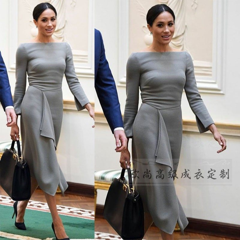 高级定制梅根王妃同款荷叶边不对称灰色一字领连衣裙女中长款修身