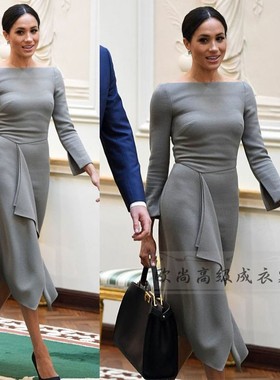 高级定制梅根王妃同款荷叶边不对称灰色一字领连衣裙女中长款修身