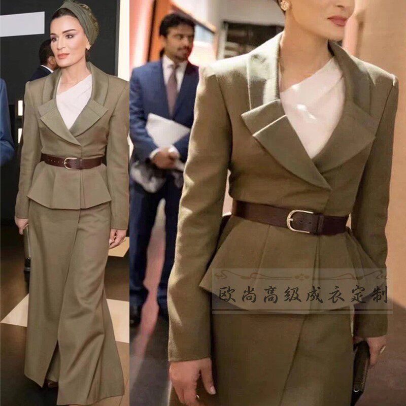 高端定制王妃王后同款橄榄绿色羊毛西装外套+裙裤时尚职业套装裙