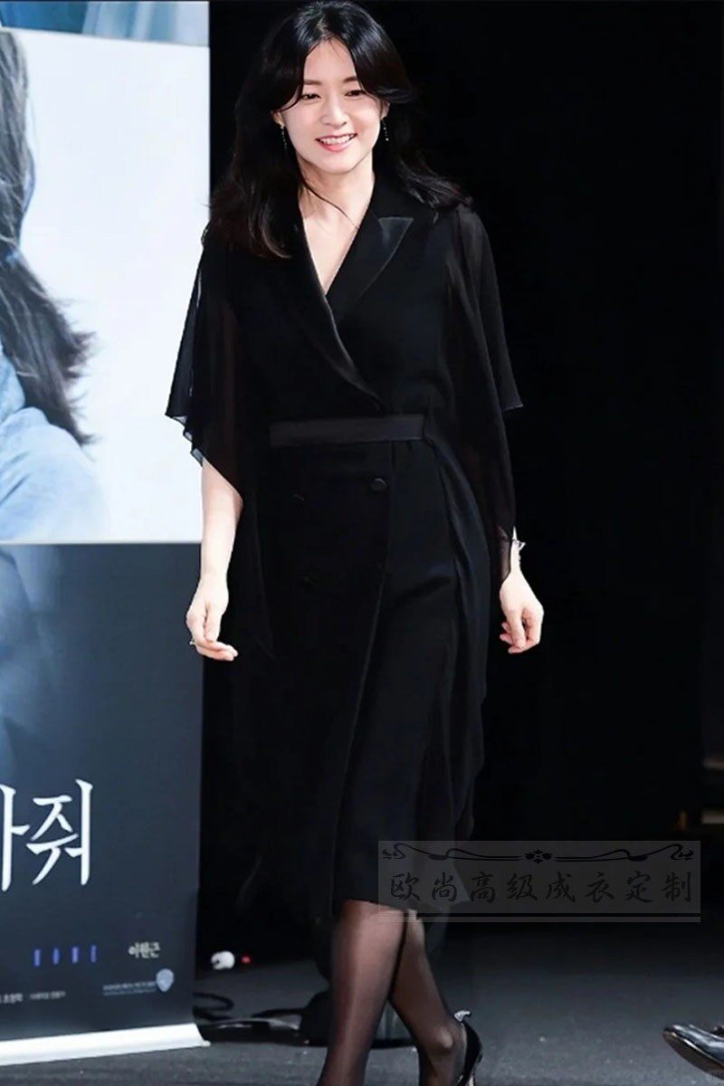 高级定制黑色西装连衣裙女拼接真丝裙过膝优雅大气夏季