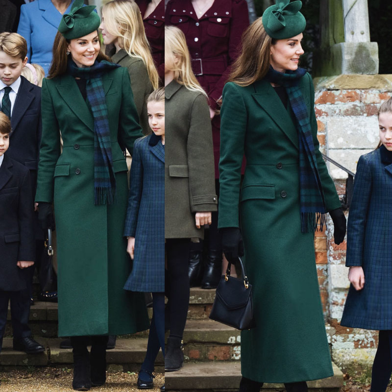 高端定制凯特王妃同款深绿色羊毛大衣双排扣毛呢外套修身长款英伦