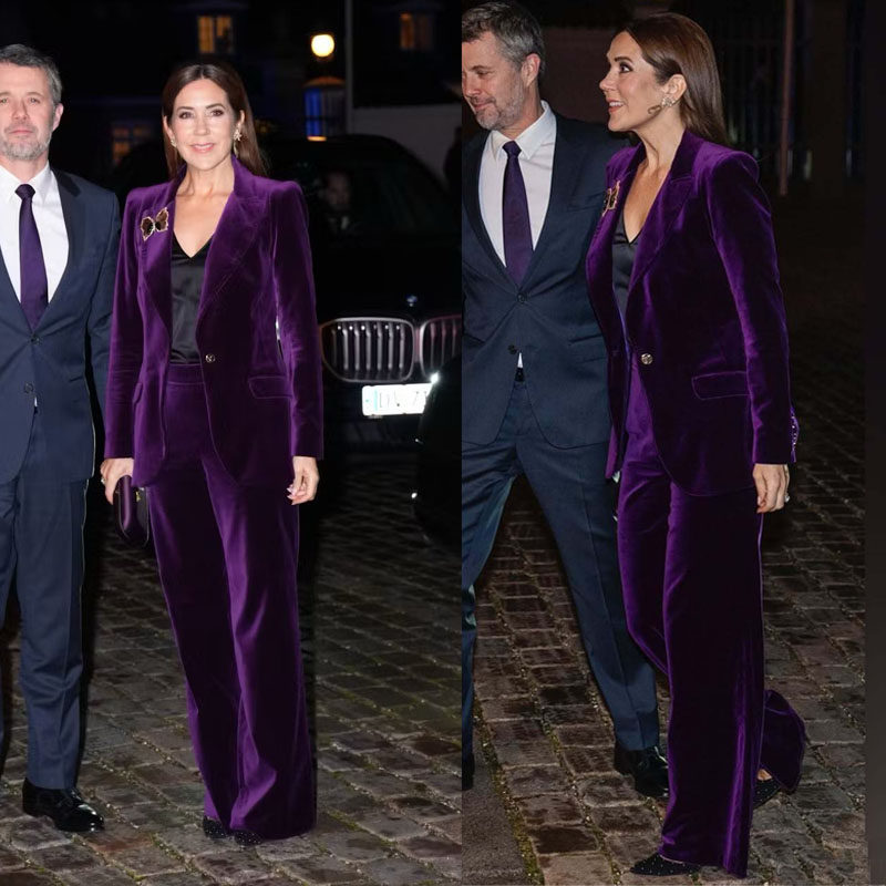 高级定制玛丽王后同款紫色丝绒西装套装裤女修身轻奢优雅气质正装