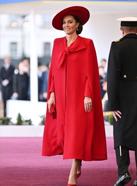 高级定制凯特王妃同款红色V领斗篷羊毛大衣英伦风外套冬宽松时尚