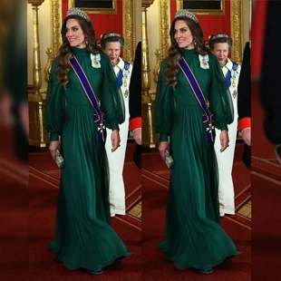 高级定制凯特王妃同款 连衣裙收腰褶皱大摆裙 绿色立领桑蚕丝灯笼袖